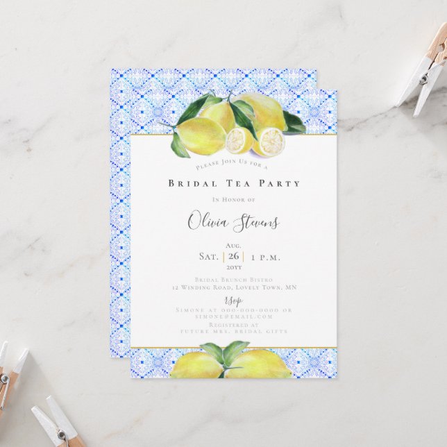 Invitación Boho Bridal Tea Fiesta Lemons Amarillo Ducha (Anverso/Reverso In Situ)