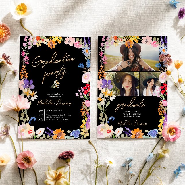 Invitación Boho Bright Wildflower Black Photo Graduation (Boho Bright Wildflower Black Photo Graduation Invitation)