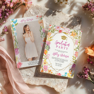 Invitación Boho brillo floral acuarela foto graduación