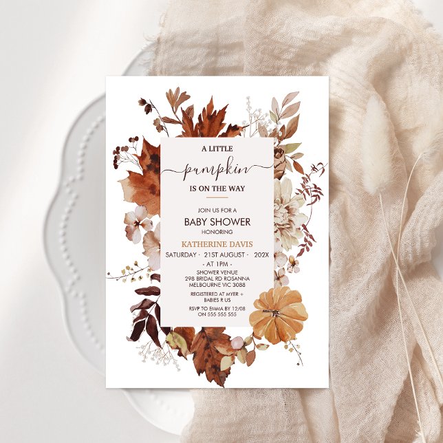 Invitación Boho Brown Cae Pequeña Calabaza Baby Shower (Rustic Fall Baby Shower Invitation Template, Pumpkin Baby Shower Invitation Gender Neural, Boho)
