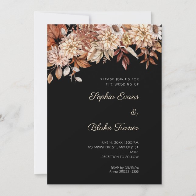 Invitación Boho Brown Floral Winter Black Boda (Anverso)