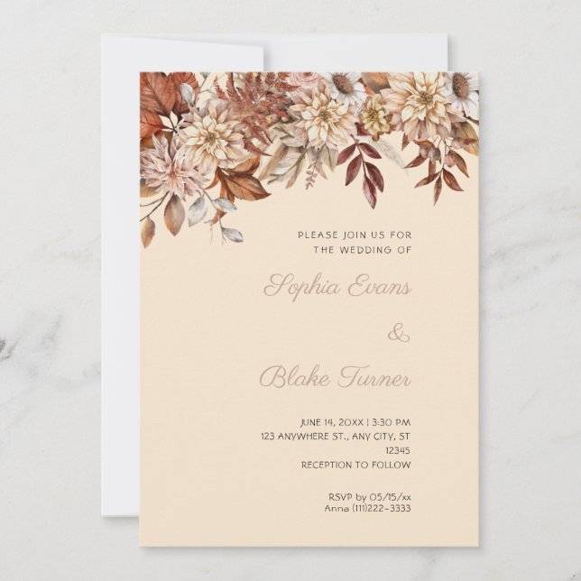 Invitación Boho Brown Floral Winter Champagne Boda (Anverso)
