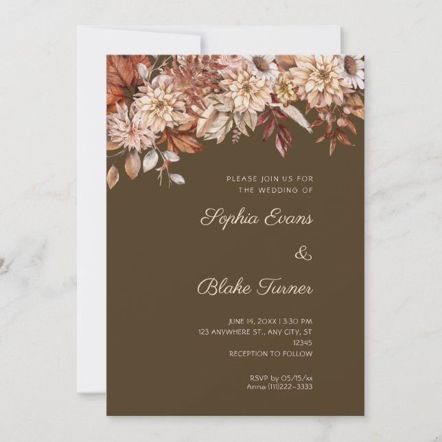Invitación Boho Brown Floral Winter Coffee Brown Boda (Anverso)
