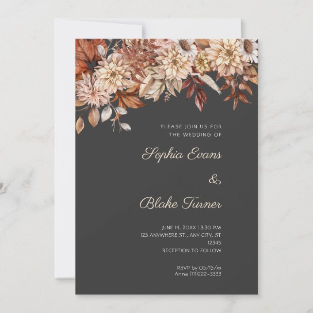 Invitación Boho Brown Floral Winter Pebble Gray Boda (Anverso)