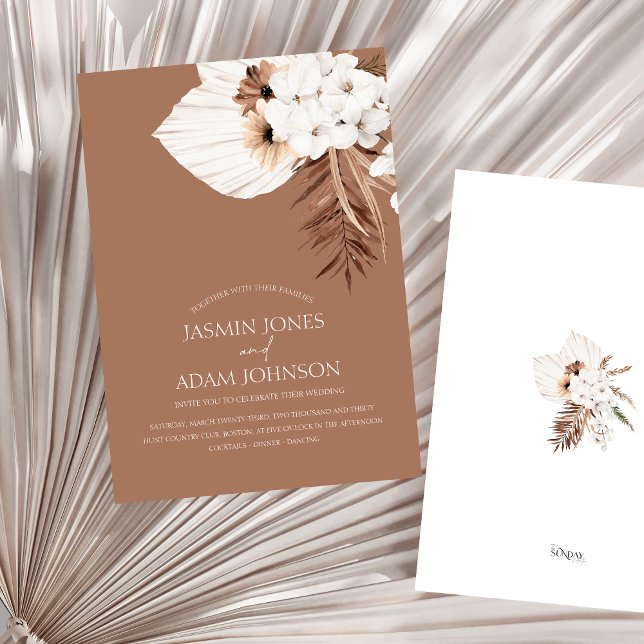 Invitación Boho Brown Pampas Boda de la orquídea de hierba (Boho Terracotta Brown Pampas Grass Floral Wedding Invitation)