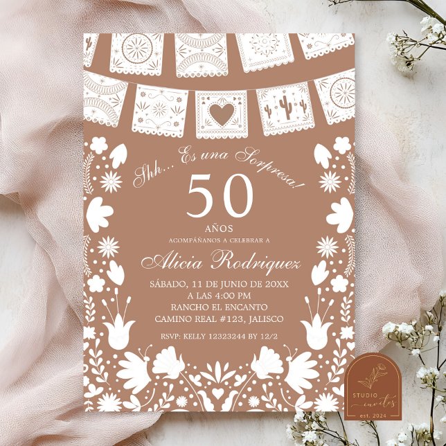 Invitación Boho Brown Talavera Mexican Surprise Birthday (Subido por el creador)