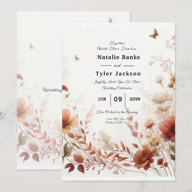 Invitación Boho Browns con Mariposas Boda Floral (Anverso / Reverso)