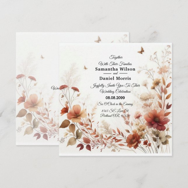 Invitación Boho Browns con Mariposas Boda Floral (Anverso / Reverso)