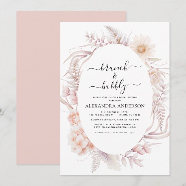 Invitación Boho Brunch & Bubbly Bridal Shower Dusty Pink Invi (Anverso / Reverso)