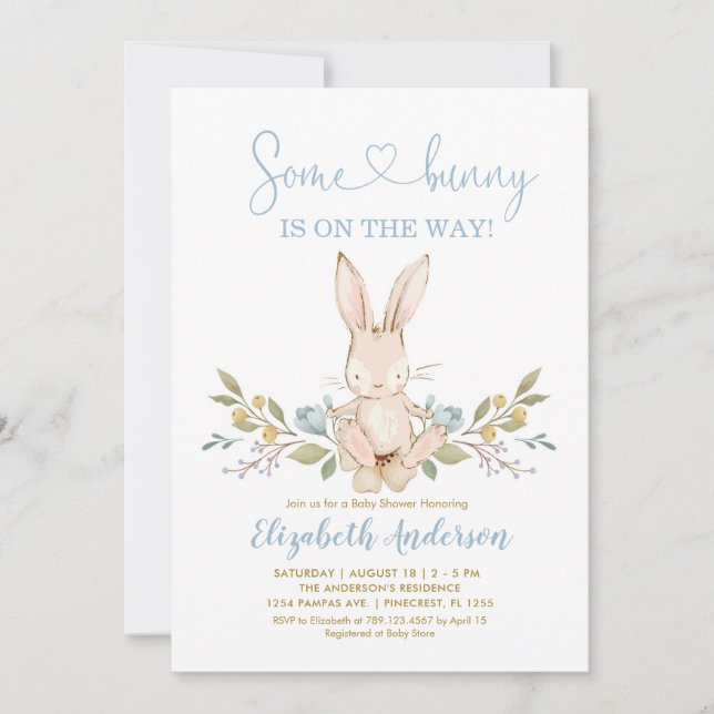 Invitación Boho Bunny Rabbit Blue Boy Baby Shower (Anverso)