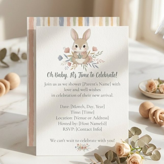 Invitación Boho Bunny Watercolor Stripe Baby Shower (Boho bunny baby shower invitation)