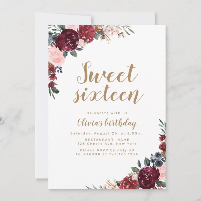 Invitación Boho burgundy acuarela floral 16 cumpleaños (Anverso)