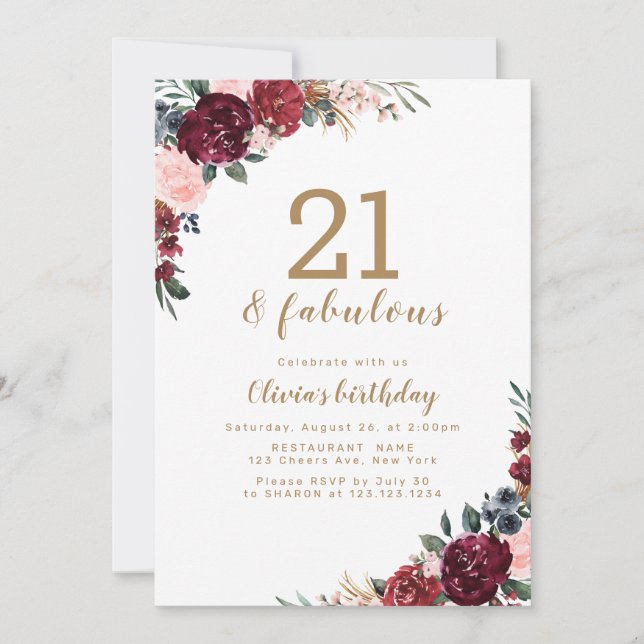 Invitación Boho burgundy acuarela floral 21 cumpleaños (Anverso)