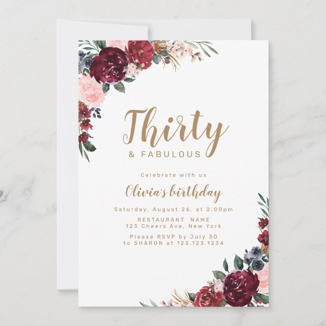Invitación Boho burgundy acuarela floral 30 cumpleaños (Anverso)