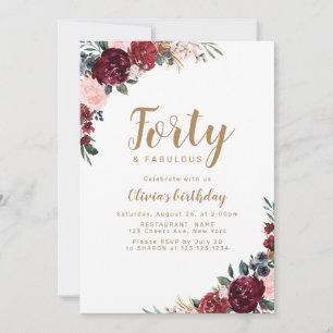 Invitación Boho burgundy acuarela floral 40 cumpleaños