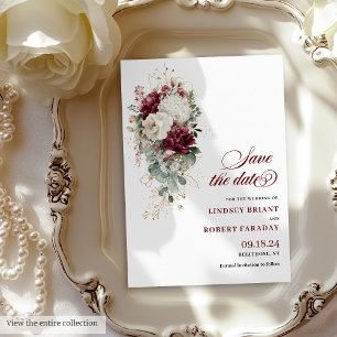 Invitación Boho burgundy blanco dorado floral salvar la tarje