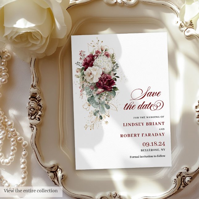 Invitación Boho burgundy blanco dorado floral salvar la tarje (Boho burgundy white gold floral save the date card

)