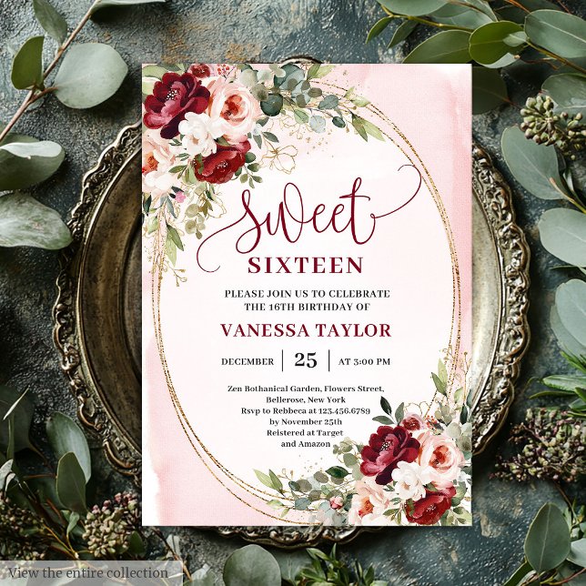 Invitación Boho Burgundy Blush Floral Sweet Sixteen Party (Boho Burgundy Blush Floral Sweet Sixteen Party Invitation)