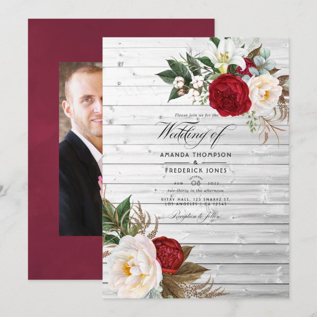 Invitación Boho Burgundy - Boda de Marsala Floral Bohemia (Anverso / Reverso)