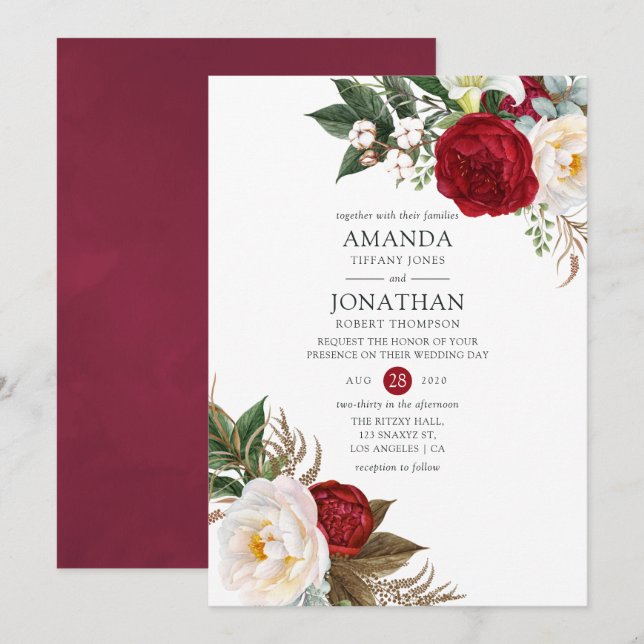 Invitación Boho Burgundy - Boda floral de Marsala (Anverso / Reverso)