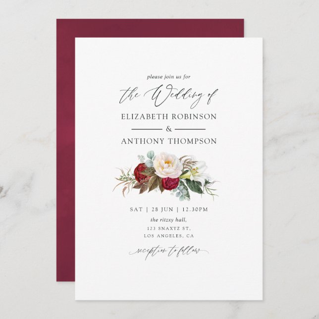 Invitación Boho Burgundy - Boda floral de Marsala (Anverso / Reverso)