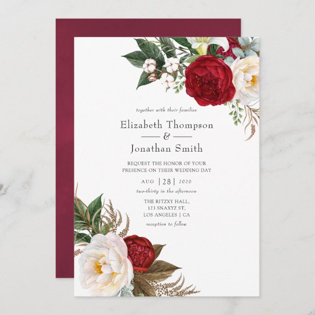 Invitación Boho Burgundy - Boda floral de Marsala (Anverso / Reverso)