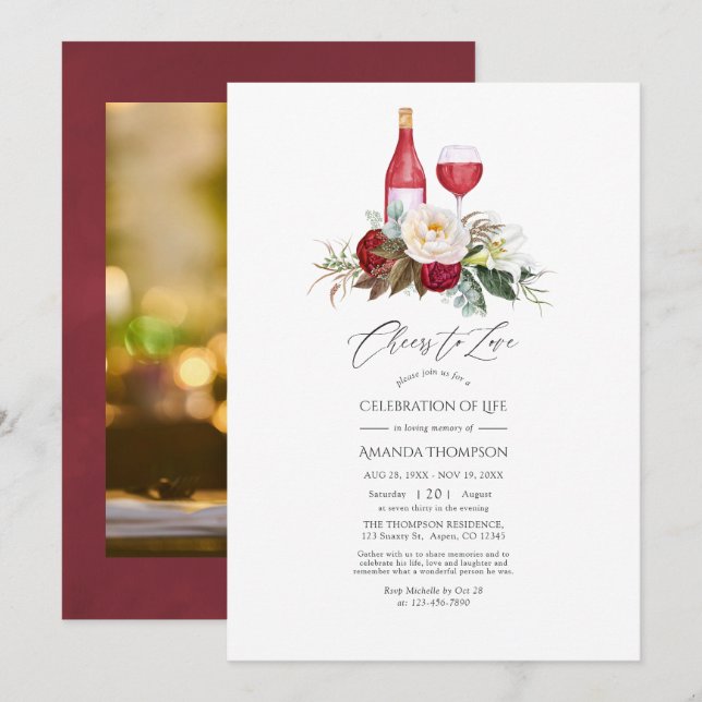 Invitación Boho Burgundy Celebración de la Vida del Vino Flor (Anverso / Reverso)