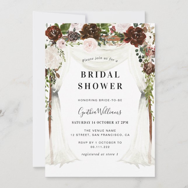 Invitación boho burgundy dosel floral ducha de novia (Anverso)