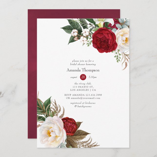 Invitación Boho Burgundy - Ducha Marsala Floral Bridal (Anverso / Reverso)