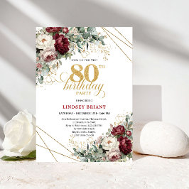 Invitación Boho Burgundy Eucalyptus Floral 80th Birthday
