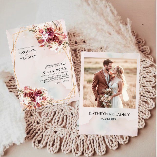 Invitación Boho Burgundy Floral Geometric Wedding  (Subido por el creador)