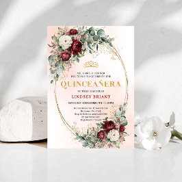 Invitación Boho Burgundy Floral Gold Quinceañera Invitation