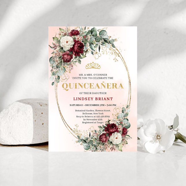 Invitación Boho Burgundy Floral Gold Quinceañera Invitation (Boho Burgundy Floral Gold Quinceañera Invitation)