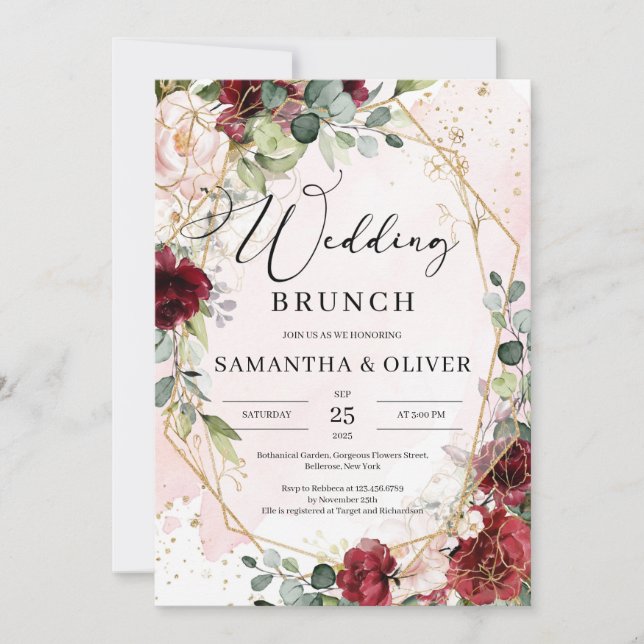 Invitación Boho burgundy floral oro geométrico brunch boda (Anverso)