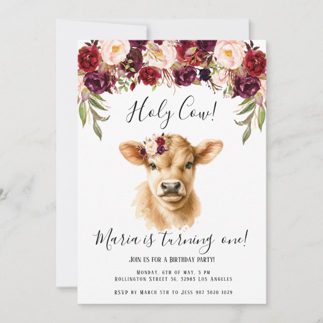 Invitación Boho Burgundy Floral Peony Highland Cow Cumpleaños (Anverso)