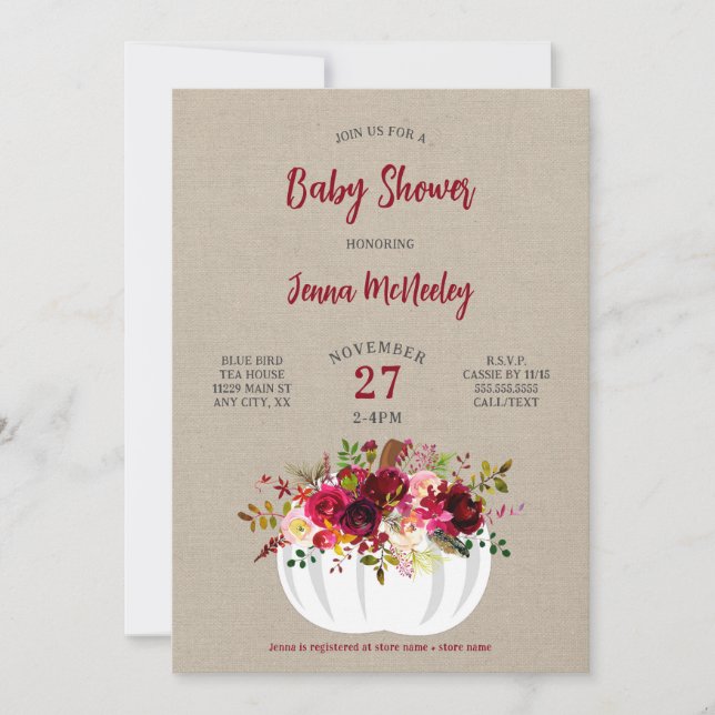 Invitación Boho Burgundy Floral Pumpkin Baby Shower (Anverso)