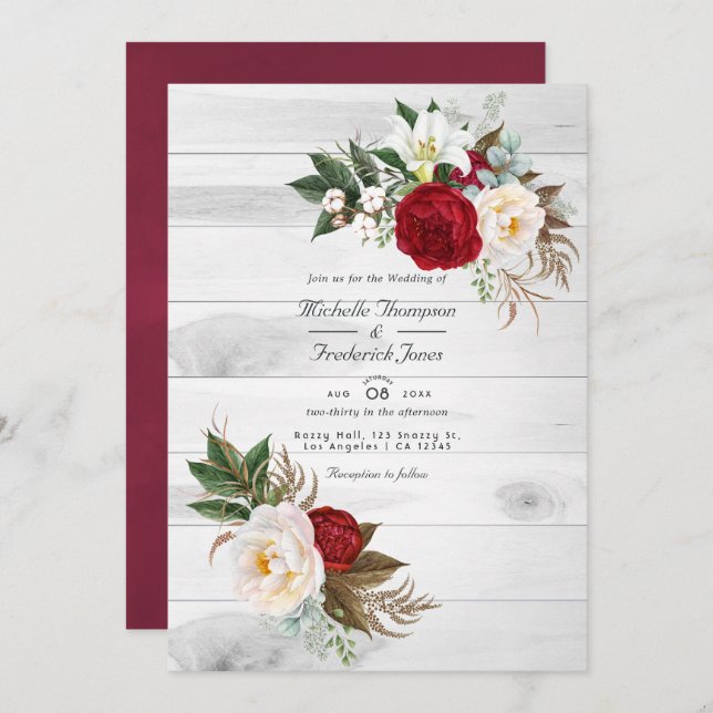 Invitación Boho Burgundy Floral QR Código RSVP Boda bohemio (Anverso / Reverso)