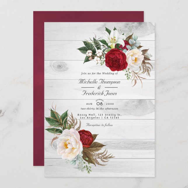 Invitación Boho Burgundy Floral QR Código RSVP Boda bohemio (Anverso / Reverso)