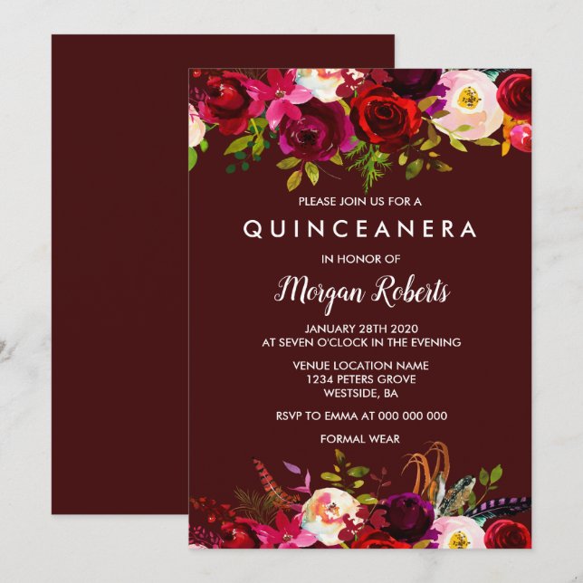 Invitación Boho Burgundy Floral Quinceanera 15º cumpleaños (Anverso / Reverso)