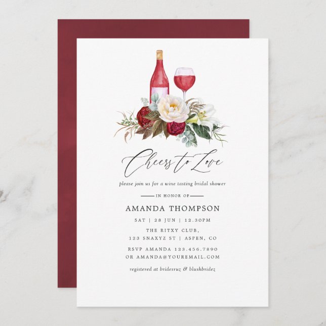 Invitación Boho Burgundy Floral Wine Tasting Bridal Shower (Anverso / Reverso)