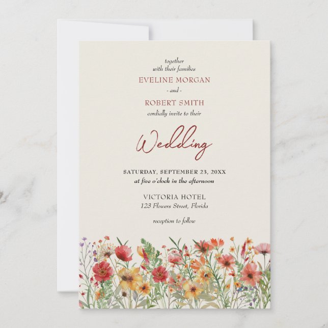 Invitación Boho burgundy flores silvestres boda de otoño (Anverso)