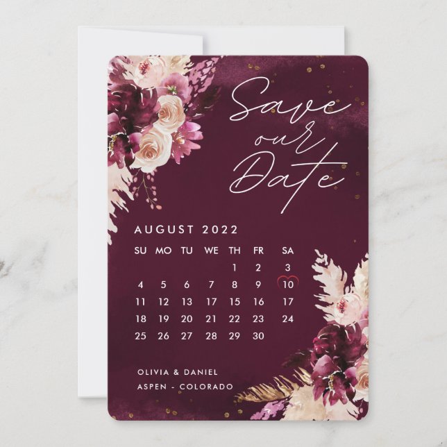 Invitación Boho Burgundy Flowers Calendar Save The Date  (Anverso)
