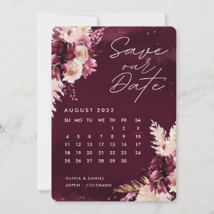Invitación Boho Burgundy Flowers Calendar Save The Date 