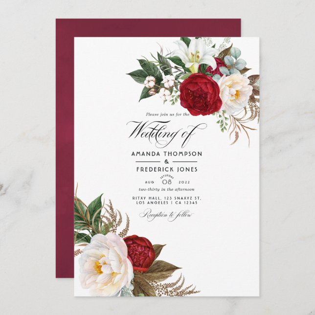 Invitación Boho Burgundy - Foto de Marsala Boda Floral (Anverso / Reverso)
