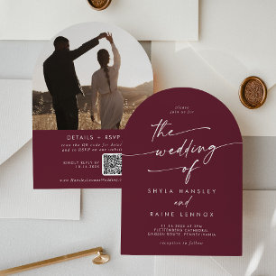 Invitación Boho Burgundy Foto Roja Código QR Boda de Arco