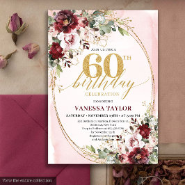 Invitación Boho Burgundy Gold Frame Floral 60th Birthday
