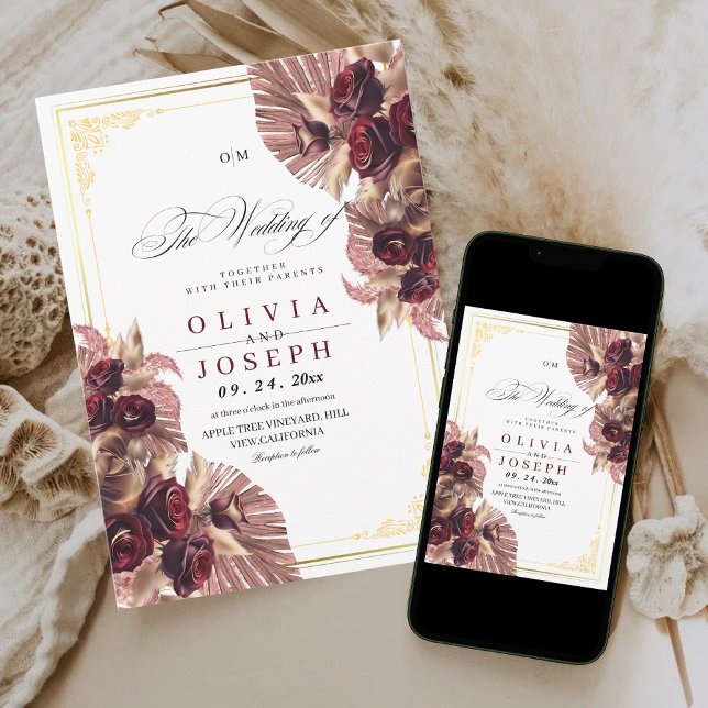Invitación Boho Burgundy Gold Rosa Boda Rústico Floral (Subido por el creador)