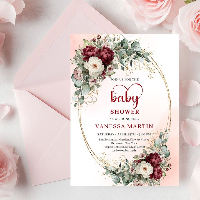 Invitación Boho Burgundy Greenery Gold Baby Shower Invite (Boho Burgundy Greenery Gold Baby Shower Invite)