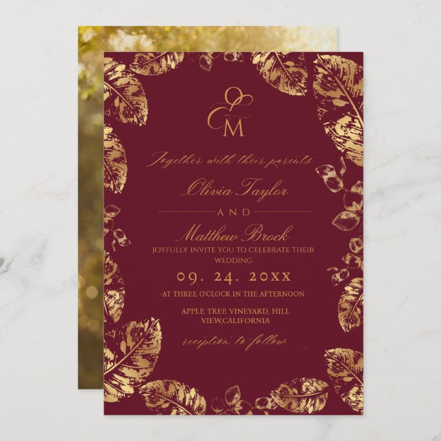 Invitación Boho Burgundy Leaf | Elegante Boda Caída (Anverso / Reverso)