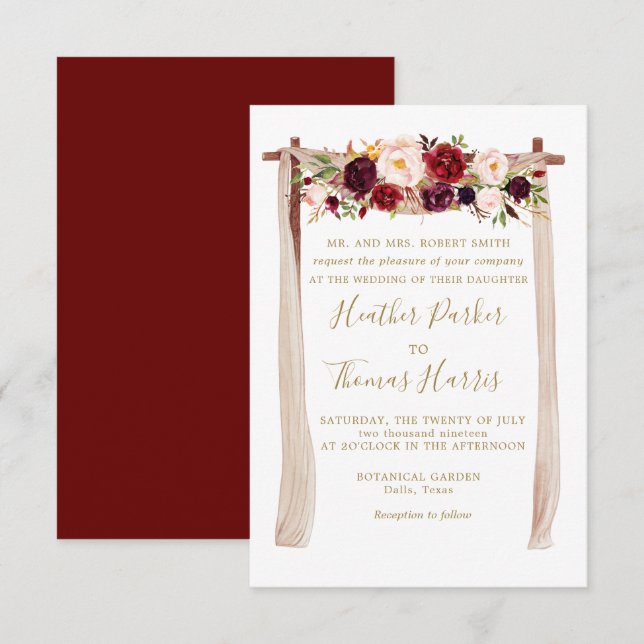 Invitación Boho Burgundy Marsala Boda de Arco Floral (Anverso / Reverso)
